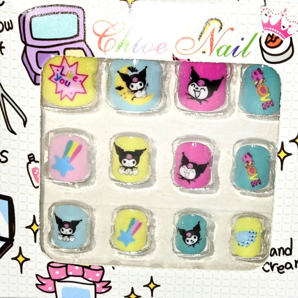 PRESS ON NAILS Kuromi For Kids *12 Nails Set* with Glue Featuring 3D Art NEW NIB